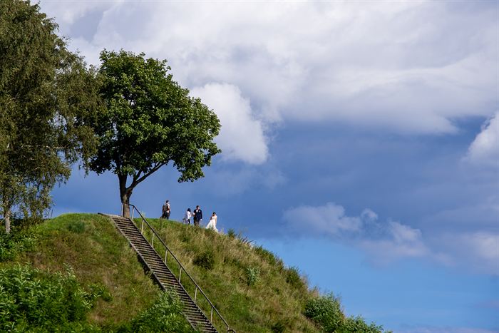 Four people walking down stone steps from a grassy hilltop with a single tree, under heavy cloud