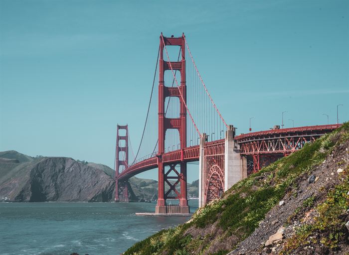 The Golden Gate Bridge seen from the headland above the bay, San Francisco