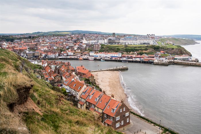 Whitby harbour and its red-roofed houses seen from the cliff path, England